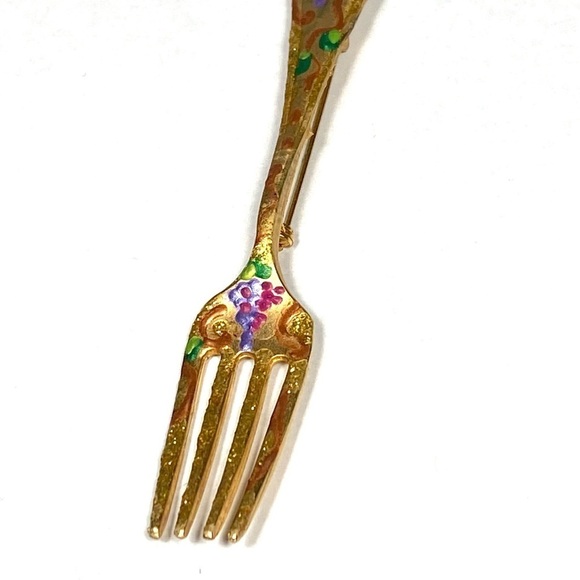 Fork Brooch Art Painted Gold Tone Large Unique Vintage Artisan - Picture 2 of 6